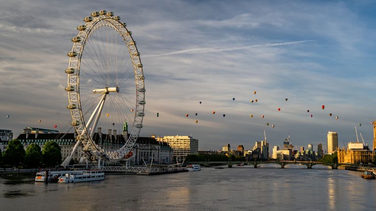 The hot air balloons sailed over several of the capital&#39;s iconic landmarks, including the London Eye
