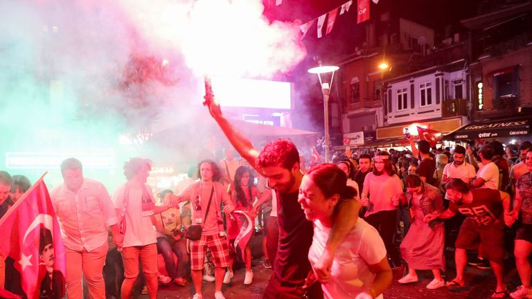 People celebrate after the Republican People&#39;s Party (CHP) candidate won Istanbul&#39;s re-run mayoral elections, in Istanbul.