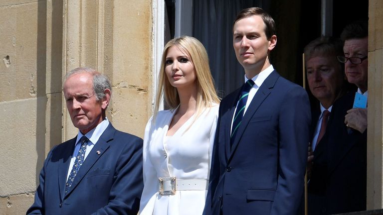 The president&#39;s daughter  and adviser Ivanka and her husband Jared Kushner, right, watched the proceedings from a balcony