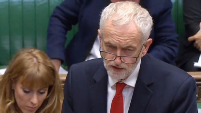 Labour Party leader Jeremy Corbyn responds during a debate in the House of Commons London.
