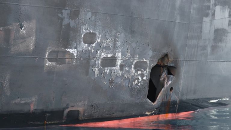 Hull penetration and blast damage on the starboard side of the Japanese owned motor tanker vessel Kokuka Courageous, which was sustained from a June 13 limpet mine attack while operating in the Gulf of Oman