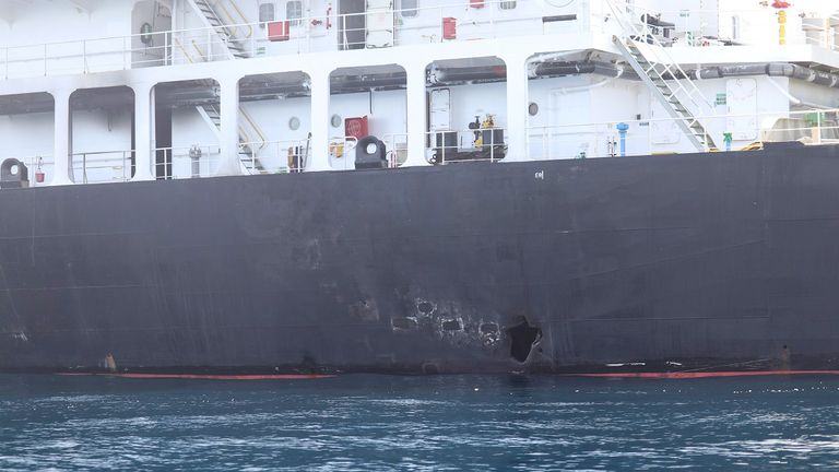 Hull penetration and blast damage on the starboard side of the Japanese owned motor tanker vessel Kokuka Courageous