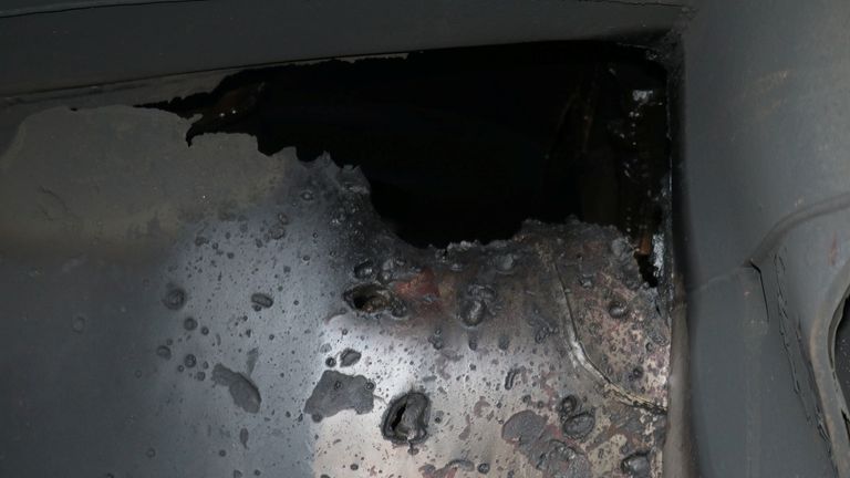 What the US says is internal hull penetration and blast damage sustained from a limpet mine attack on the starboard side of the Japanese owned Kokuka Courageous 