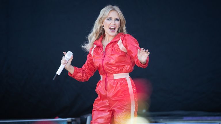 Kylie Minogue performing on the Pyramid Stage on the fifth day of the Glastonbury Festival at Worthy Farm in Somerset.