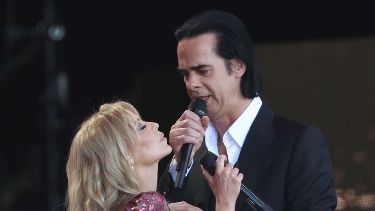 Kylie invited several guests on stage for her set, including Nick Cave