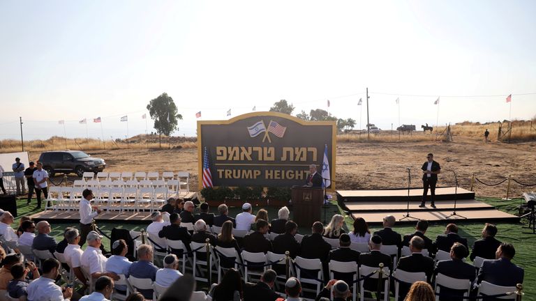 Israeli Prime Minister Benjamin Netanyahu speaks during a ceremony to unveil a sign for a new community named after U.S. President Donald Trump, in the Israeli-occupied Golan Heights June 16, 2019