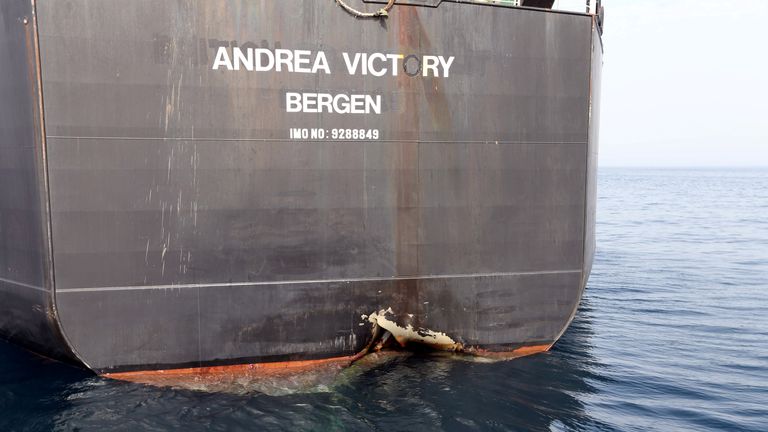 Damaged Norwegian tanker Andrea Victory off the Port of Fujairah in the UAE