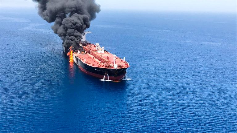 An oil tanker after it was attacked at the Gulf of Oman