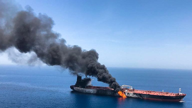 An oil tanker after it was attacked at the Gulf of Oman