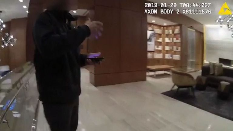 Smollett&#39;s creative director guides police to his apartment. Pic: Chicago Police