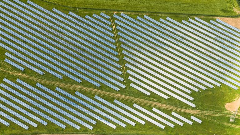Aerial view of a solar farm in Cornwall on a sunny June day