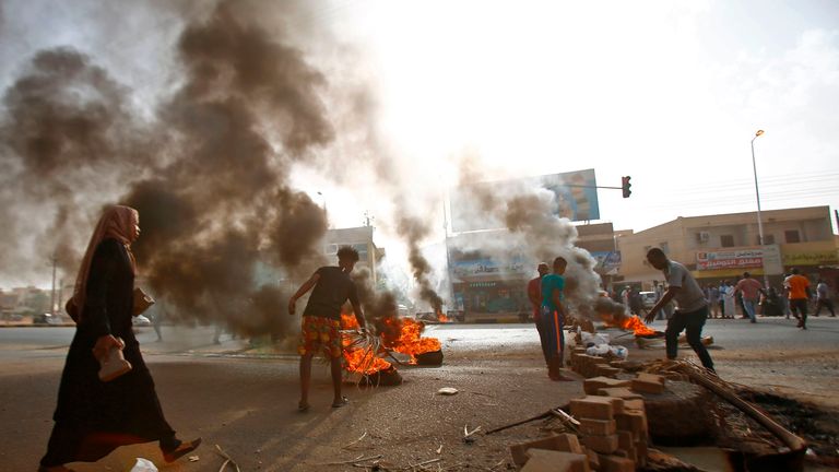 Sudanese protesters blocking a street in Khartoum earlier this week