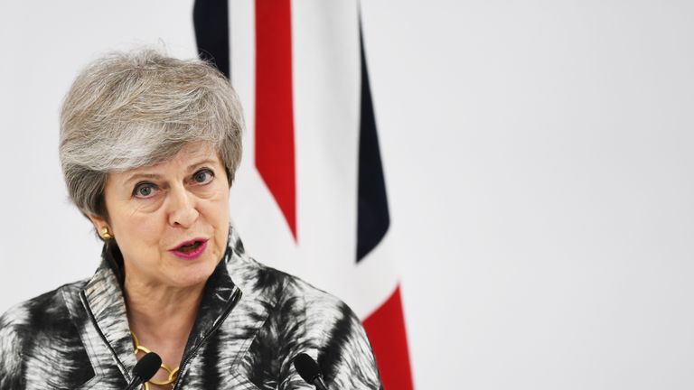 Theresa May speaks at a news conference during the G20 summit