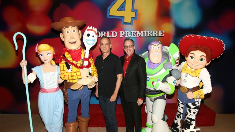 HOLLYWOOD, CA - JUNE 11: Tom Hanks (L) and Tim Allen attend the world premiere of Disney and Pixar&#39;s TOY STORY 4 at the El Capitan Theatre in Hollywood, CA on Tuesday, June 11, 2019. (Photo by Jesse Grant/Getty Images for Disney)
