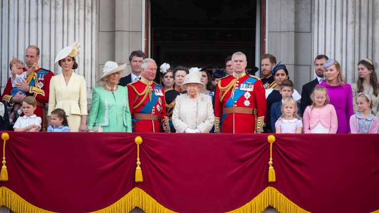 The Queen and other members of the royal family, including Meghan, on the balcony of Buckingham Place to acknowledge the crowd after the Trooping the Colour ceremony