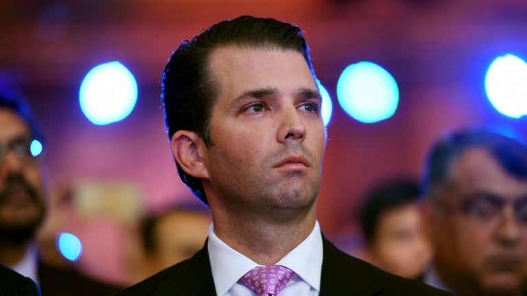 Donald Trump junior, executive vice president of The Trump Organisation, looks on during the Global Business Summit in New Delhi on February 23, 2018