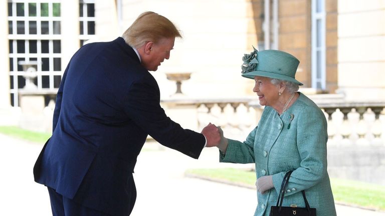 Queen Elizabeth II greets US President Donald Trump as he arrives for the Ceremonial Welcome at Buckingham Palace, London, on day one of his three day state visit to the UK. PRESS ASSOCIATION Photo. Picture date: Monday June 3, 2019. See PA story ROYAL Trump. Photo credit should read: Victoria Jones/PA Wire