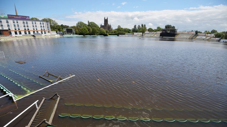Flooding after heavy rainfall in Worcester saw the local cricket club submerged in water
