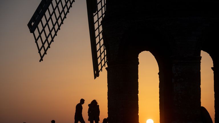 The sun sets by Chesterton Windmill in Warwickshire