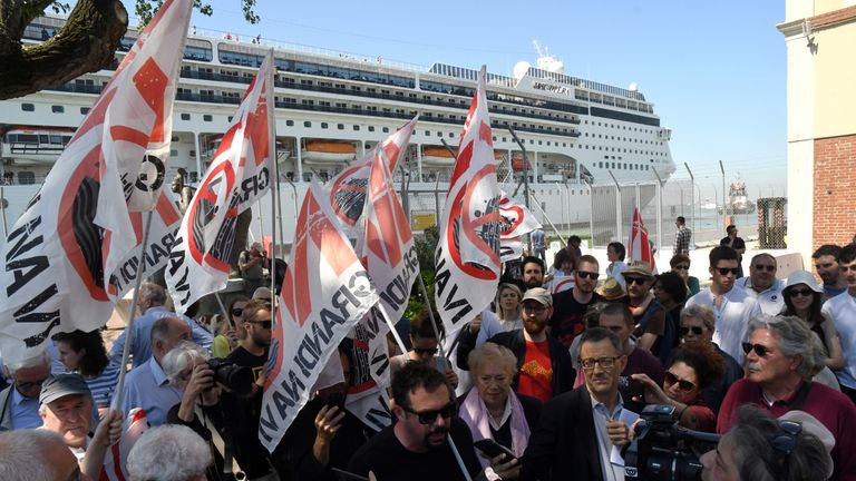 Venetian protesters are calling for an end to large ships travelling through the city