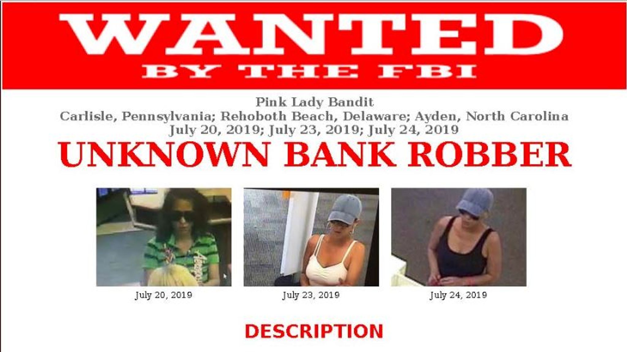 Pink Lady Bandit Fbi Offers 10 000 Reward To Catch Bank Robber Us