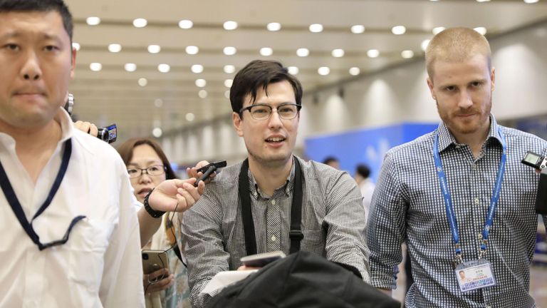 REFILE - UPDATING CAPTION ADVISORY An Australian student Alek Sigley, 29,  who was detained in North Korea, arrives at Beijing international airport in Beijing, China, July 4, 2019, in this photo taken by Kyodo. Mandatory credit Kyodo/via REUTERS ATTENTION EDITORS - THIS IMAGE WAS PROVIDED BY A THIRD PARTY. MANDATORY CREDIT. JAPAN OUT. NO COMMERCIAL OR EDITORIAL SALES IN JAPAN.  TPX IMAGES OF THE DAY