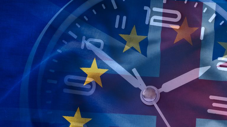 Composite of the EU and British flags with a clock conceptual of Brexit and the departure of Britain from the European Union, full frame background view
