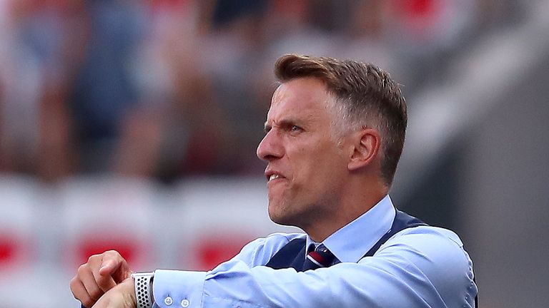 NICE, FRANCE - JULY 06: Philip Neville, Head Coach of England reacts during the 2019 FIFA Women's World Cup France 3rd Place Match match between England and Sweden at Stade de Nice on July 06, 2019 in Nice, France. (Photo by Alex Grimm/Getty Images)