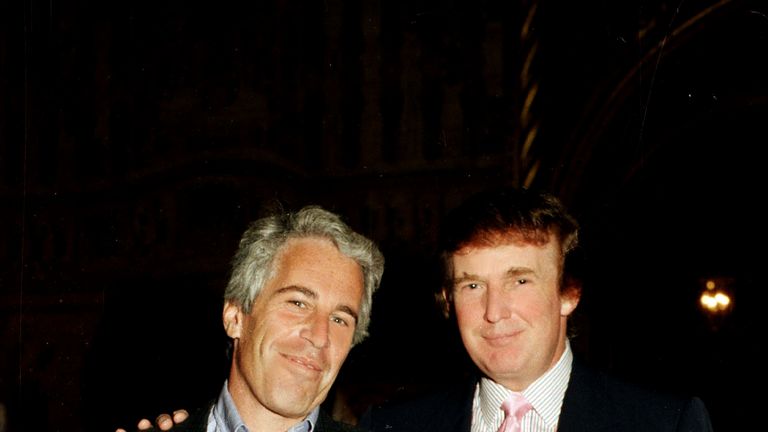 Portrait of American financier Jeffrey Epstein (left) and real estate developer Donald Trump as they pose together at the Mar-a-Lago estate, Palm Beach, Florida, 1997. (Photo by Davidoff Studios/Getty Images)
