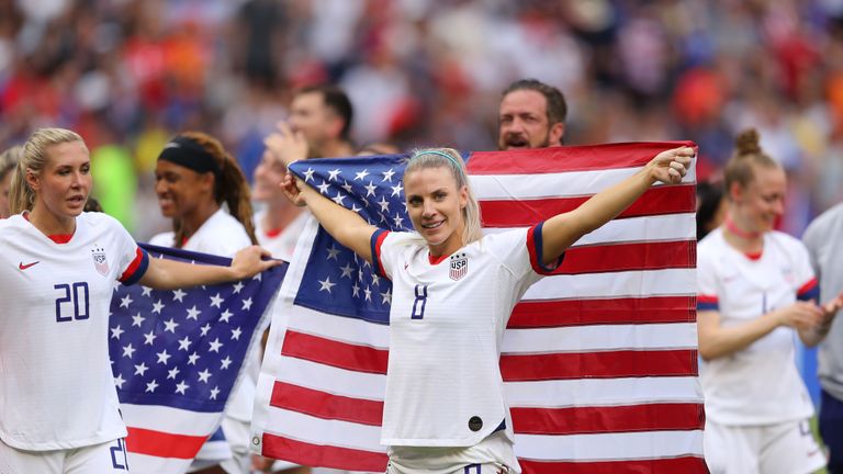 LYON, FRANCE - JULY 07:  Julie Ertz of the USA celebrates following the 2019 FIFA Women's World Cup France Final match between The United States of America and The Netherlands at Stade de Lyon on July 07, 2019 in Lyon, France. (Photo by Richard Heathcote/Getty Images)