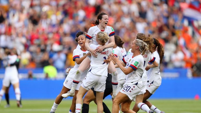 LYON, FRANCE - JULY 07:  Rose Lavelle of the USA celebrates with teammates following the 2019 FIFA Women's World Cup France Final match between The United States of America and The Netherlands at Stade de Lyon on July 07, 2019 in Lyon, France. (Photo by Richard Heathcote/Getty Images)