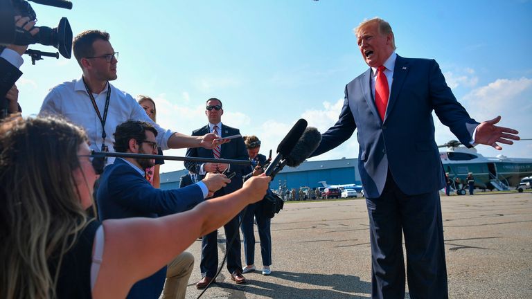 US President Donald Trump speaks to the press before departing from Morristown Municipal Airport in Morristown, New Jersey on July 7, 2019. - Trump is returning to Washington after spending the weekend at his Bedminster golf resort. (Photo by MANDEL NGAN / AFP)        (Photo credit should read MANDEL NGAN/AFP/Getty Images)