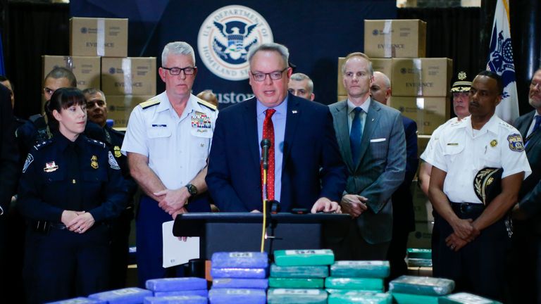 PHILADELPHIA, PA - JUNE 21: James Carroll, (C) director of the Office of National Drug Control Policy (ONDCP), speaks about cocaine seized from a cargo ship at a Philadelphia port, during a news conference at the U.S. Custom House on June 21, 2019 in Philadelphia, Pennsylvania. At least 17.5 tons of cocaine with more than $1 billion in street value was seized at the Philadelphia seaport, being the largest cocaine seizure in the 230-year history of U.S Customs and Border protection. (Photo by Eduardo Munoz Alvarez/Getty Images)