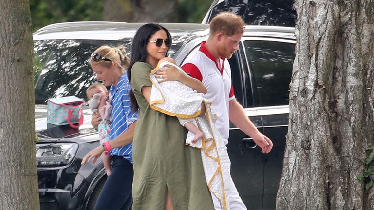 WOKINGHAM, ENGLAND - JULY 10: Prince Harry, Duke of Sussex, Meghan, Duchess of Sussex and Prince Archie Harrison Mountbatten-Windsor attend The King Power Royal Charity Polo Day at Billingbear Polo Club on July 10, 2019 in Wokingham, England. (Photo by Chris Jackson/Getty Images)
