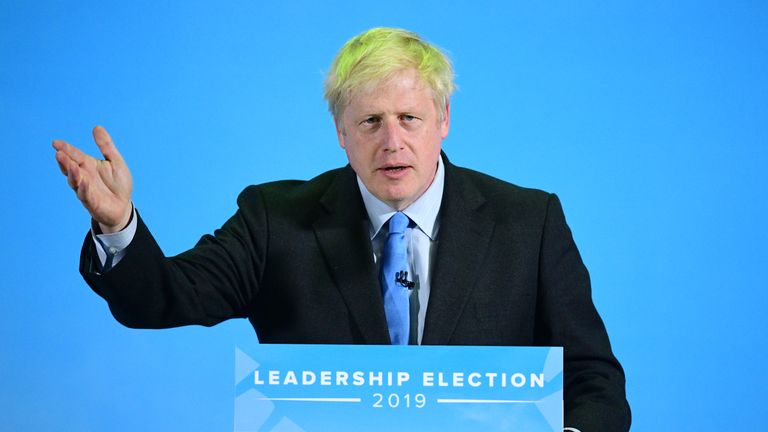 COLCHESTER, ENGLAND - JULY 13: Boris Johnson addresses Conservative Party members during a hustings on July 13, 2019 in Colchester, England. The race between Boris Johnson and Jeremy Hunt to find the next leader of the Conservative Party and Prime Minister is now entering it's final stages. (Photo by Leon Neal/Getty Images)