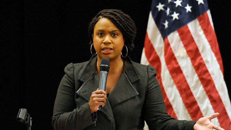 Massachusetts Democratic congressional candidate Ayanna Pressley addresses a town hall meeting in Roxbury, Massachusetts, October 13, 2018. (Photo by - / AFP)        (Photo credit should read -/AFP/Getty Images)