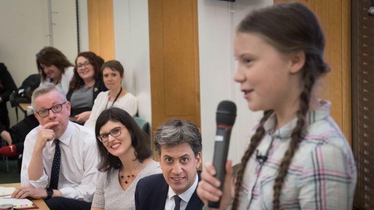 Environment Secretary Michael Gove (left), Former Labour leader Ed Miliband (2nd right) and Swedish climate activist Greta Thunberg (right) at the House of Commons in Westminster, London, to discuss the need for cross-party action to address the climate crisis.
