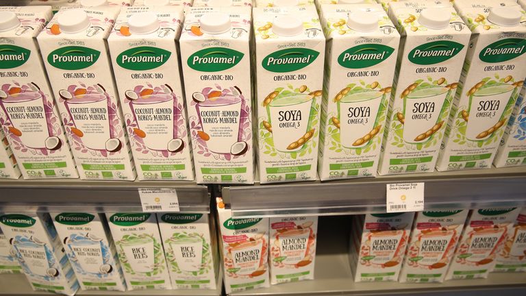 BERLIN, GERMANY - FEBRUARY 02:  Carstons of soy, almond and rice milk stand on display at a Veganz vegan grocery store on February 2, 2018 in Berlin, Germany. Veganz has three stores in Berlin and sells a wide range of vegan foods. Vegan food offerings are a growing trend in Berlin with more and more restaurants and shops specializing in purely plant-based products as an alternative to conventional meat or dairy-based foods.  (Photo by Sean Gallup/Getty Images)