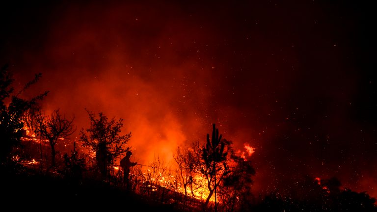 A firefighter tackles a wildfire at Amendoa in Macao, central Portugal on July 21, 2019. - More than a thousand firefighters battled to control wildfires in central Portugal that have forced village evacuations, in a region where dozens were killed in huge blazes in 2017. The firefighters were deployed to tackle three fires in the mountainous and heavily forested Castelo Branco region, 200 kilometres north of Lisbon, according to the website of the Civil Protection. (Photo by PATRICIA DE MELO MOREIRA / AFP)        (Photo credit should read PATRICIA DE MELO MOREIRA/AFP/Getty Images)