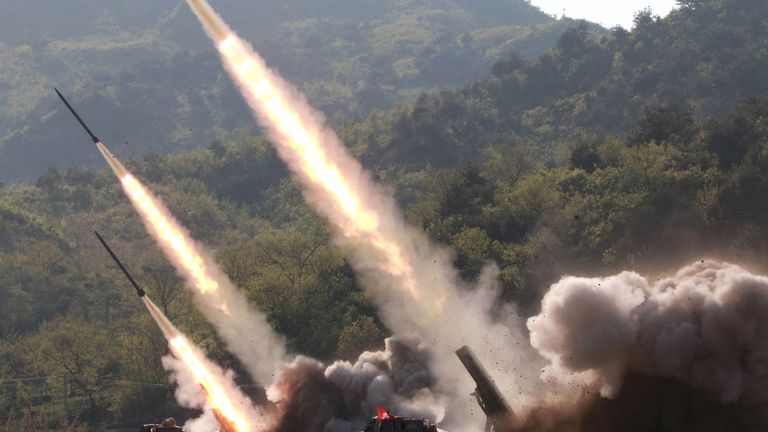 Missiles are seen launched during a military drill in North Korea, in this May 10, 2019 photo supplied by the Korean Central News Agency (KCNA).  KCNA via REUTERS    ATTENTION EDITORS - THIS IMAGE WAS PROVIDED BY A THIRD PARTY. REUTERS IS UNABLE TO INDEPENDENTLY VERIFY THIS IMAGE. NO THIRD PARTY SALES. SOUTH KOREA OUT.