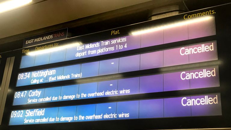 St Pancras train station in London showing cancelled trains as morning train commuters face disruption after the extreme heat caused chaos on the rail network.