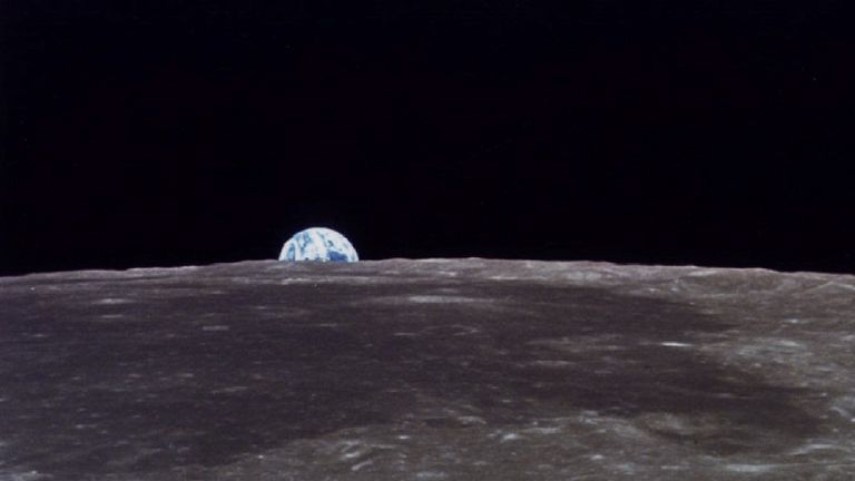 The ascent stage of the Apollo II Lunar Nodule, with astronauts Neil Armstrong and Edwin Aldrin on board, photographed on the surface of the moon on July 21, 1969 from the Apollo Command and Service Node