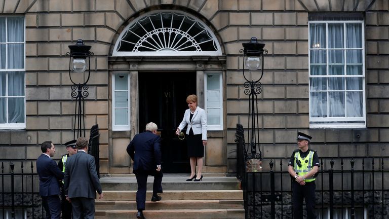 Scotland&#39;s First Minister Nicola Sturgeon welcomes Britain&#39;s Prime Minister Boris Johnson at Bute House in Edinburgh, Scotland, Britain July 29, 2019. 