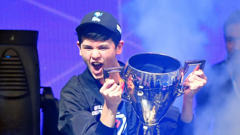 Bugha celebrates after winning the final of the Solo competition at the 2019 Fortnite World Cup