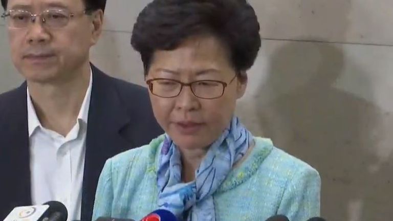 Carrie Lam condemns the violent protesters at a news conference