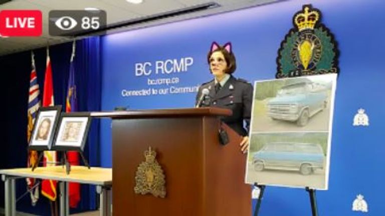 Police in Canada have apologised after a cat filter was used during a briefing about a double homicide. Pic: @@TyleraDawson
