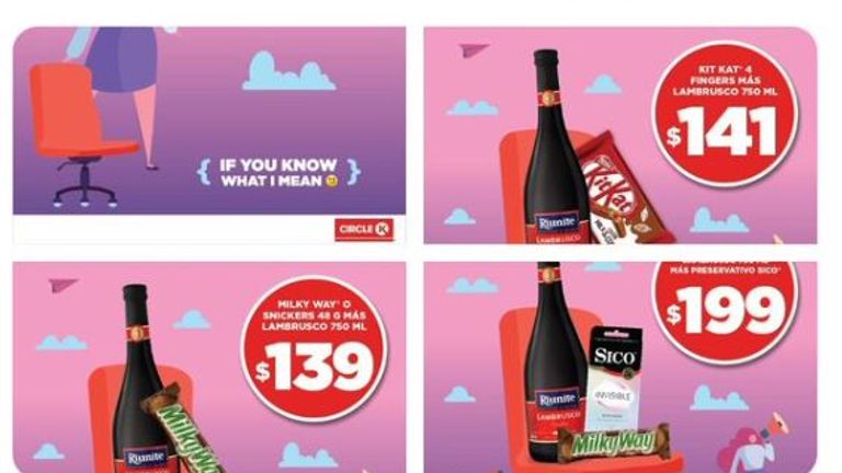 The most expensive offer included a box of condoms, a Milky Way and wine. Pic: @CircleKMexico