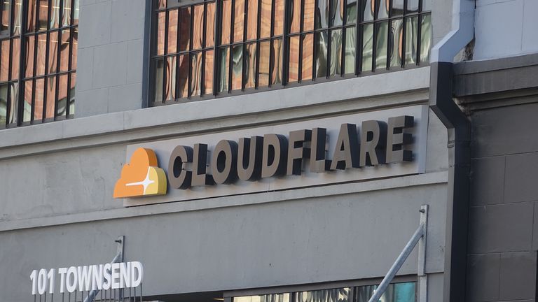 Close-up of logo on facade at headquarters of cyber security company Cloudflare in the South of Market (SoMA) neighborhood of San Francisco, California, June 10, 2019. (Photo by Smith Collection/Gado/Getty Images)
