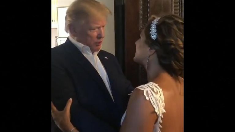 President Trump popped into a wedding reception at his golf club in New Jersey prompting chants of &#34;USA! USA!&#34;.
