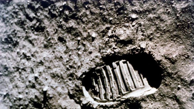 The first footprint on the Moon', Apollo 11 mission, July 1969. Boot-print of US astronaut Neil Armstrong, first man to set foot on the Moon, clearly visible in the lunar soil. The Apollo 11 Lunar Module, code named Eagle, with Neil Armstrong and Buzz Aldrin on board, landed in the Sea of Tranquillity on 20 July 1969. Apollo 11 was the fifth manned Apollo mission, and was the first to land on the Moon. Artist NASA. (Photo by Heritage Space/Heritage Images/Getty Images) 